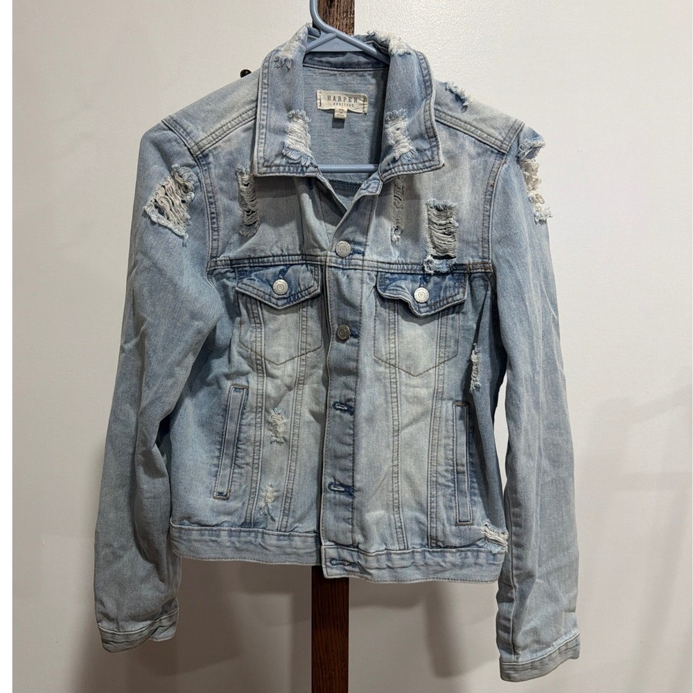 Harper Heritage Francescas Distressed Denim Jacket Light Wash Blue M Rocker Y2K